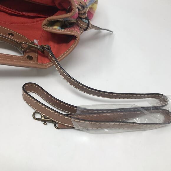 Fossil Spring Striped Fabric Cloth Satchel Crossbody Purse Bag Wooden Handles - Picture 9 of 12